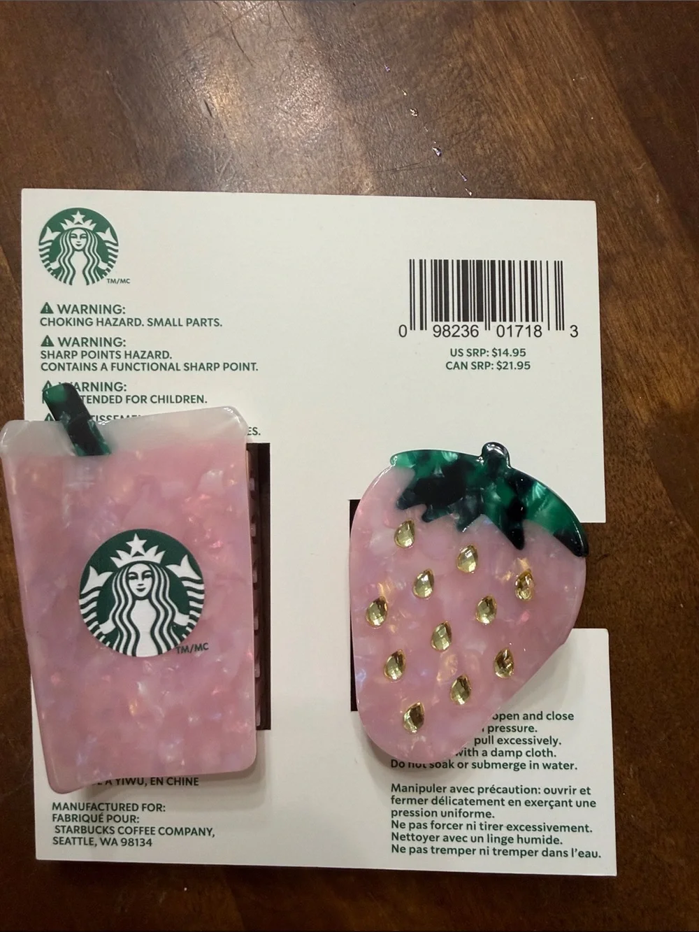 Starbucks Pink Strawberry & Cup Acrylic Claw Clip Set